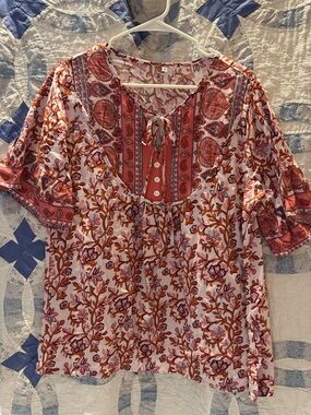 Women's Floral Tie-Neck Blouse in Coral and White